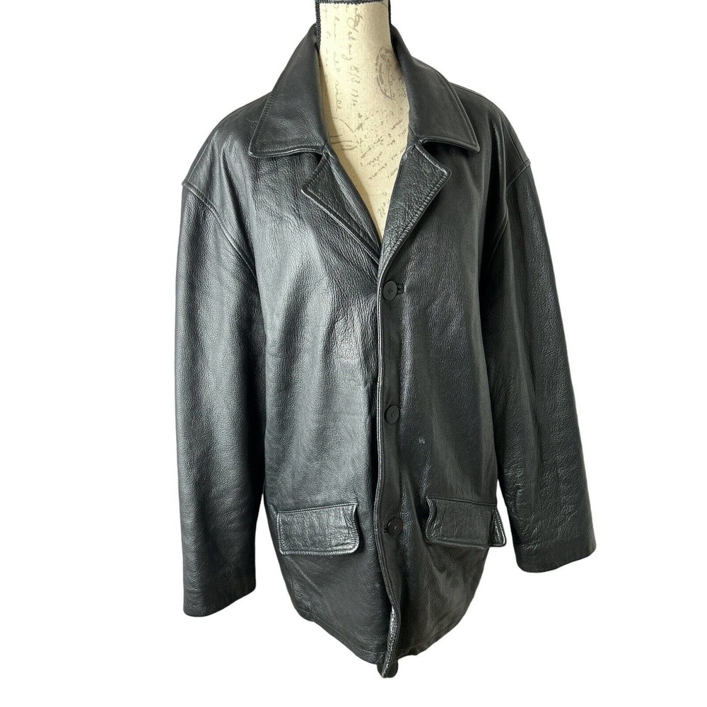 Rainforest Men’s Black Genuine Leather Long Sleeve Button Front Jacket XL